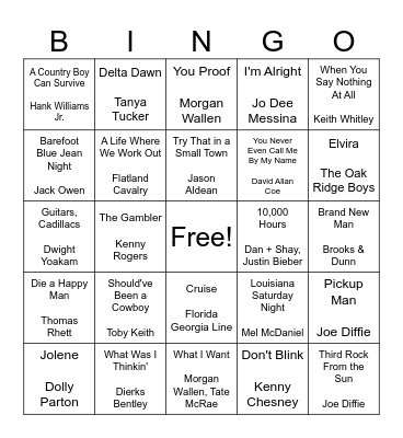 Country Through The Decades Bingo Card