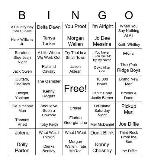 Country Through The Decades Bingo Card