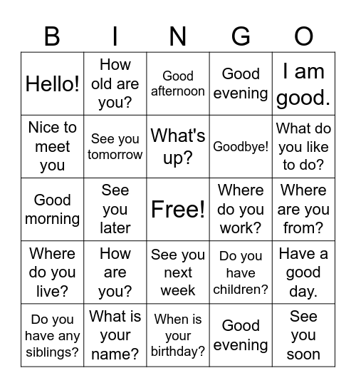 Greetings/Introductions/BasicConversation Bingo Card