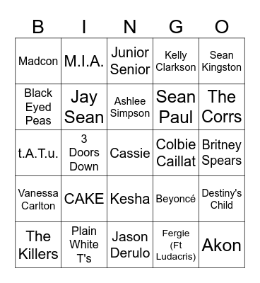 Game 1 - 2000s Hits Bingo Card