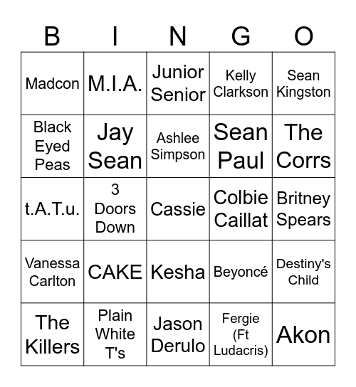 Game 1 - 2000s Hits Bingo Card
