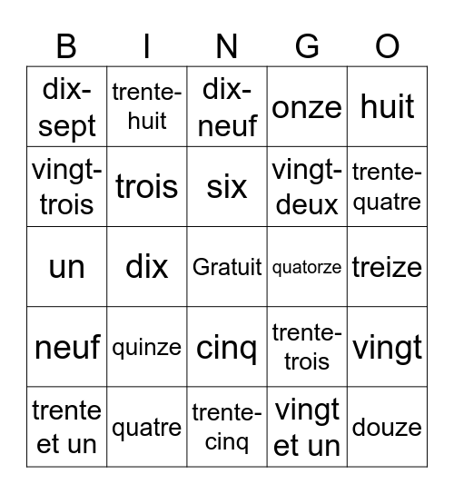 Les Nombres Bingo Card