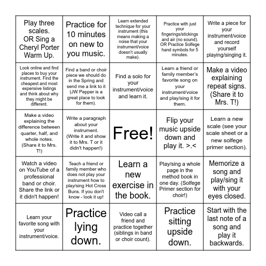 Practice Log Challenge Week of 1/28/26 Bingo Card