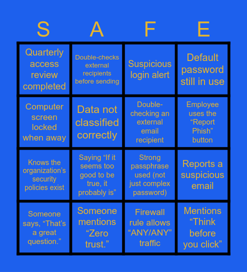 General Security Awareness Bingo Card
