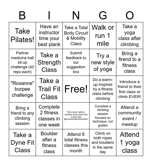 Fitness Bingo Card