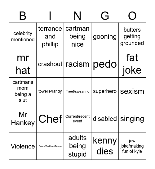 South Park Bingo Card