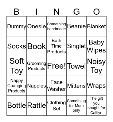 Caitlyn's Baby Shower Bingo Card