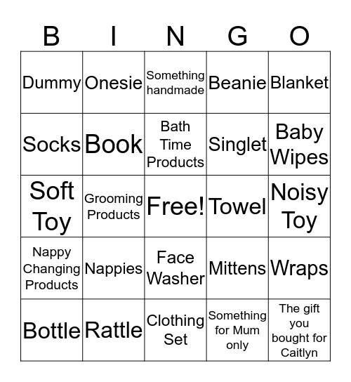 Caitlyn's Baby Shower Bingo Card