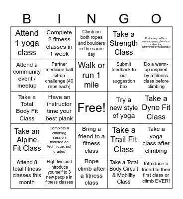 Fitness Bingo Card