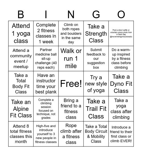 Fitness Bingo Card