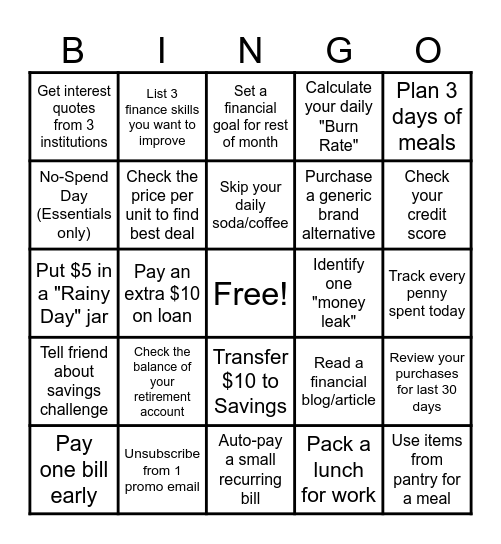 Financial Habits Bingo Card