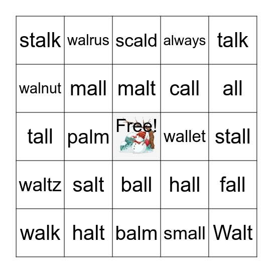 Words With /al/ Bingo Card