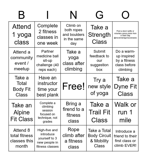 Fitness Bingo Card