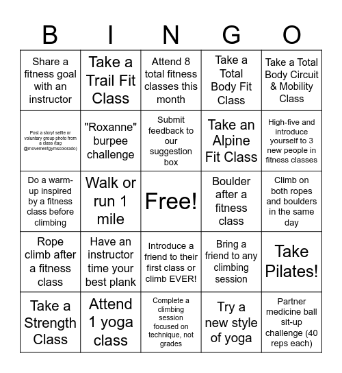 Fitness Bingo Card