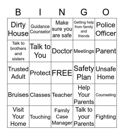 Department of Child Services Safety BINGO Card