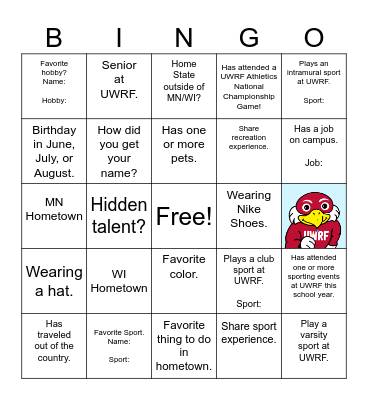 EXSS 450 Bingo Card