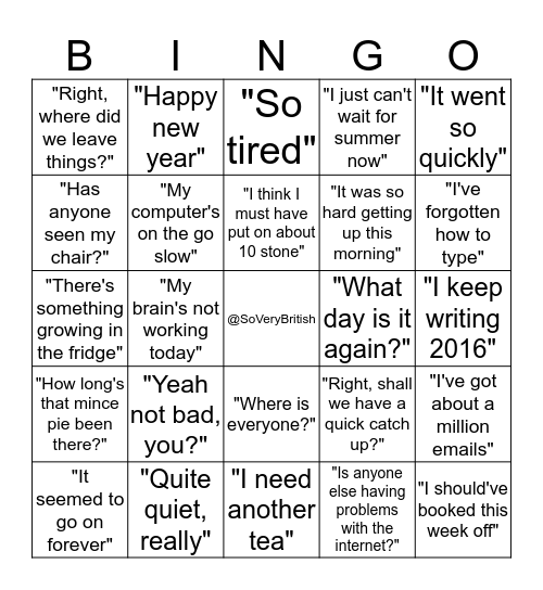 @SoVeryBritish Back to Work Bingo Card