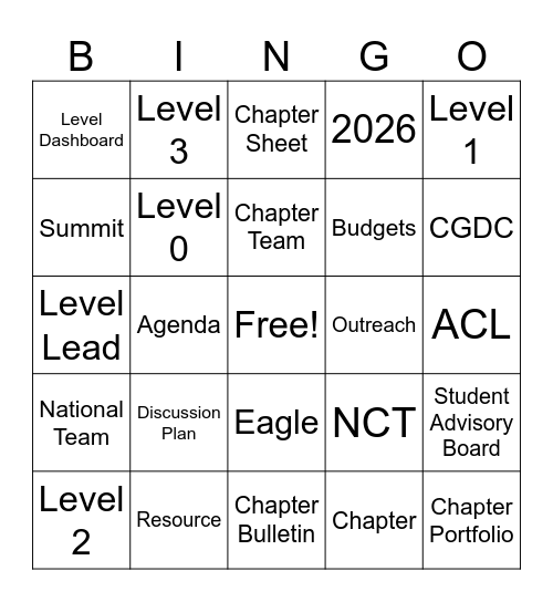 Chapter Team Bingo Card