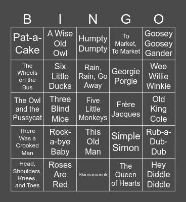 Nursery Songs Bingo Card