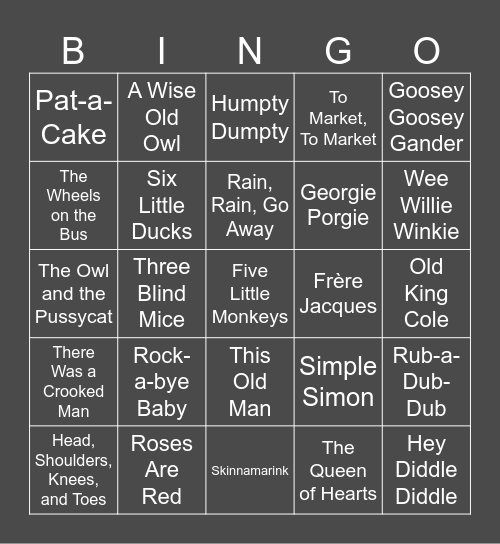 Nursery Songs Bingo Card