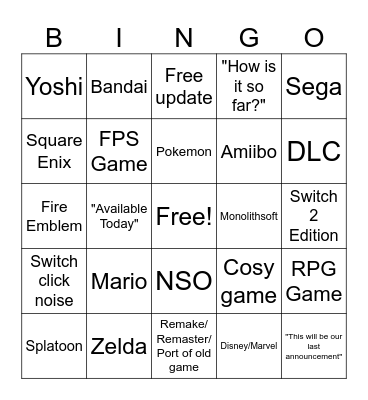 Nintendo Feb 2026 Bingo Card