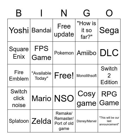 Nintendo Feb 2026 Bingo Card