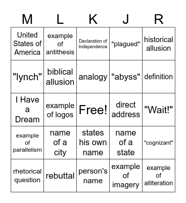 Letters from Birmingham Jail BINGO Card