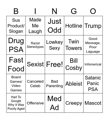 Poorly Aged Commercials Bingo Card