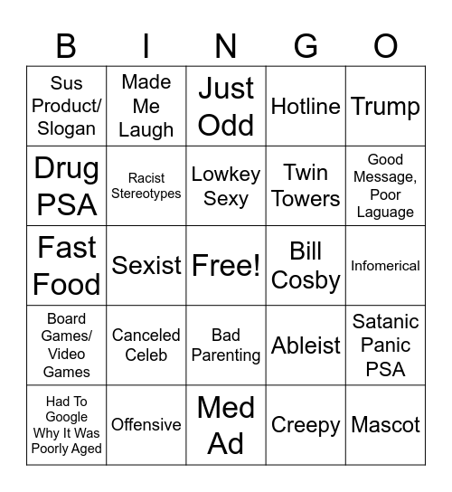 Poorly Aged Commercials Bingo Card