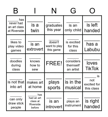 First Day Art Class Bingo!! Bingo Card