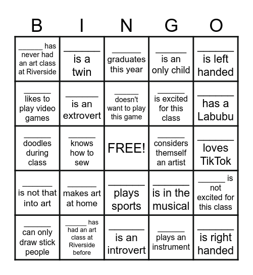 First Day Art Class Bingo!! Bingo Card