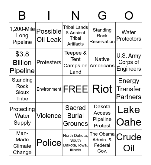Dakota Access Pipeline Bingo Card