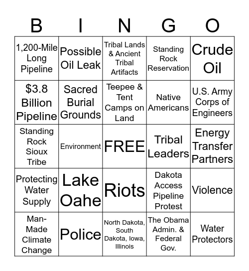 Dakota Access Pipeline Bingo Card