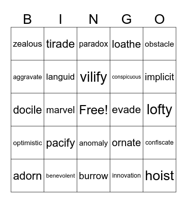 7th/8th Vocabulary Bingo Card