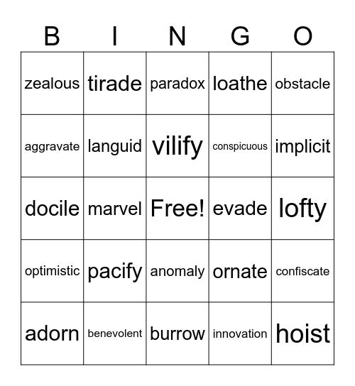 7th/8th Vocabulary Bingo Card