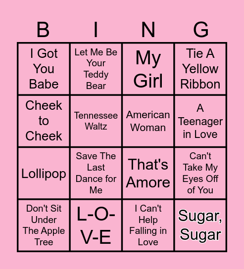 Love Songs Music Bingo Card