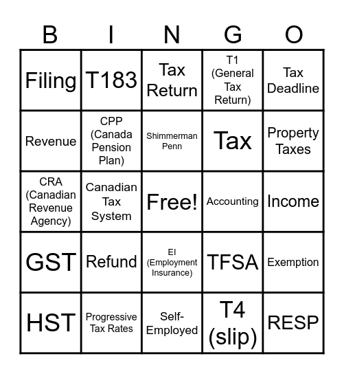 The Canadian Tax System Bingo Card