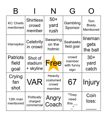 Super Bowl LX Bingo Card