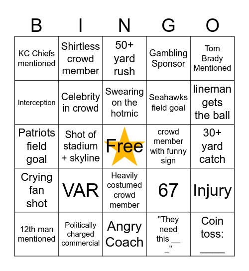 Super Bowl LX Bingo Card