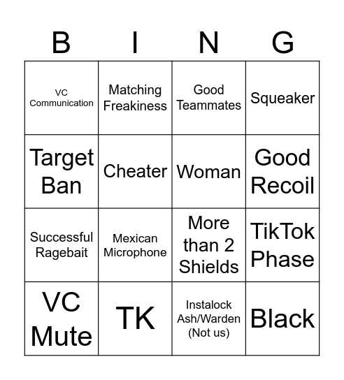 Siege Bingo Card
