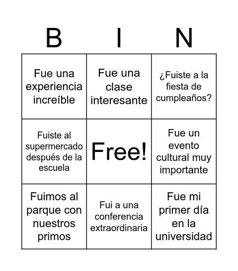 Pasado de IR y SER Bingo Card