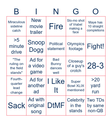 Super Bowl LX Bingo Card
