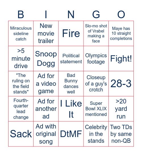 Super Bowl LX Bingo Card
