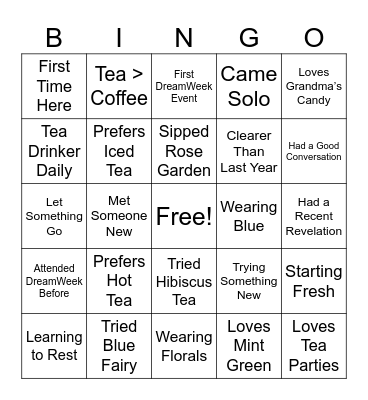 Dreamweek Tea Party Social Bingo Card