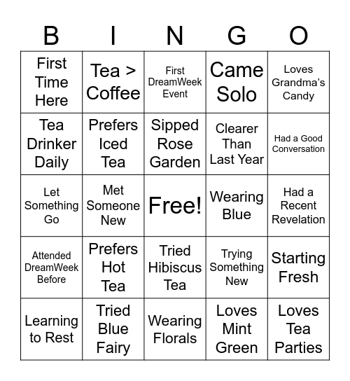 Dreamweek Tea Party Social Bingo Card