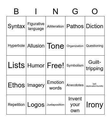 Rhetorical Devices & Three Appeals Bingo Card