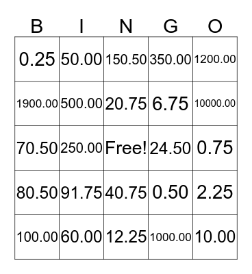 Thai Money Bingo Card