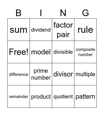 Math Vocabulary Bingo Card
