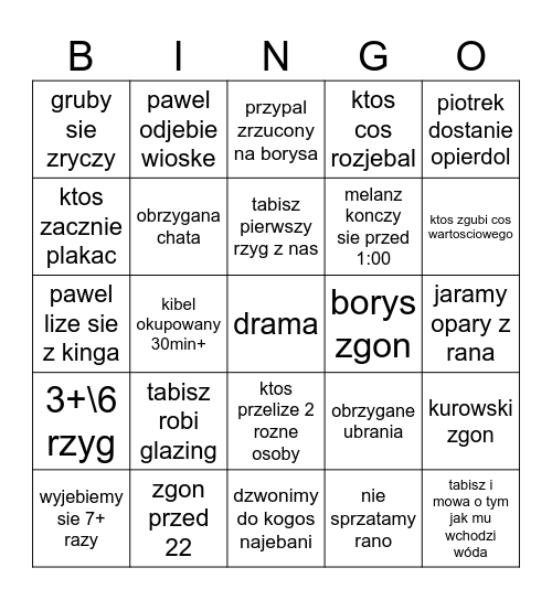 bingo na poprawiny Bingo Card