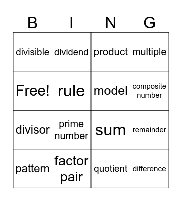 Math Vocabulary Bingo Card